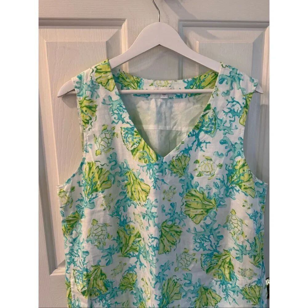 J. Jill Love Linen White Blue Green Sea Ocean Print Sleeveless Dress sz L EUC - Picture 2 of 6